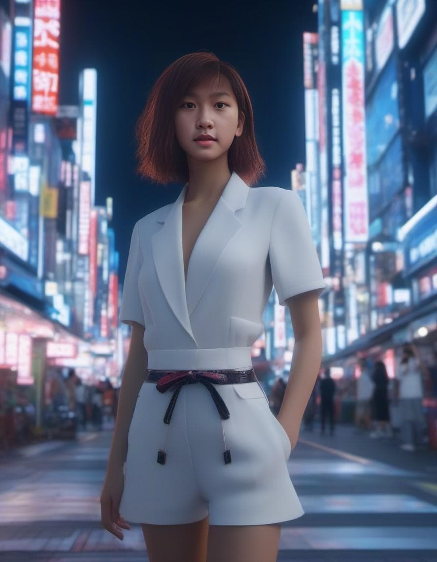 AI generated: stunning anime fashionpunk vixen walks raised walkway through bright luminescent futuristic dot matr...