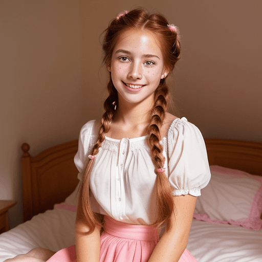 AI generated: beautiful 20 year old woman,  happy and smiling, long auburn hair in a French braid, hazel eyes, fai...