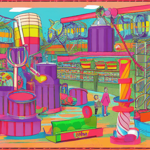 AI generated: Children's book illustration of Willy Wonka's candy factory with collage style. 