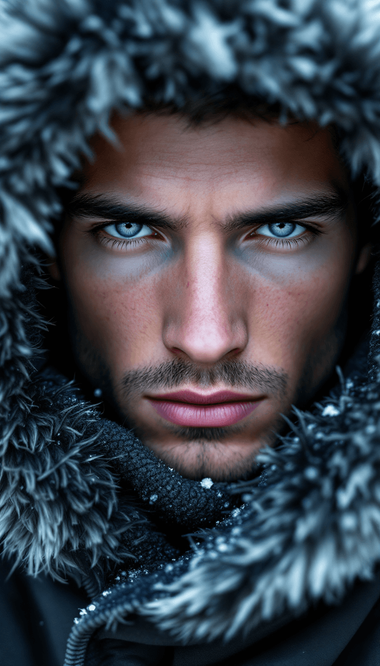 AI generated: A hyper-realistic close-up portrait of a young man with pale, porcelain skin, gazing directly at the...