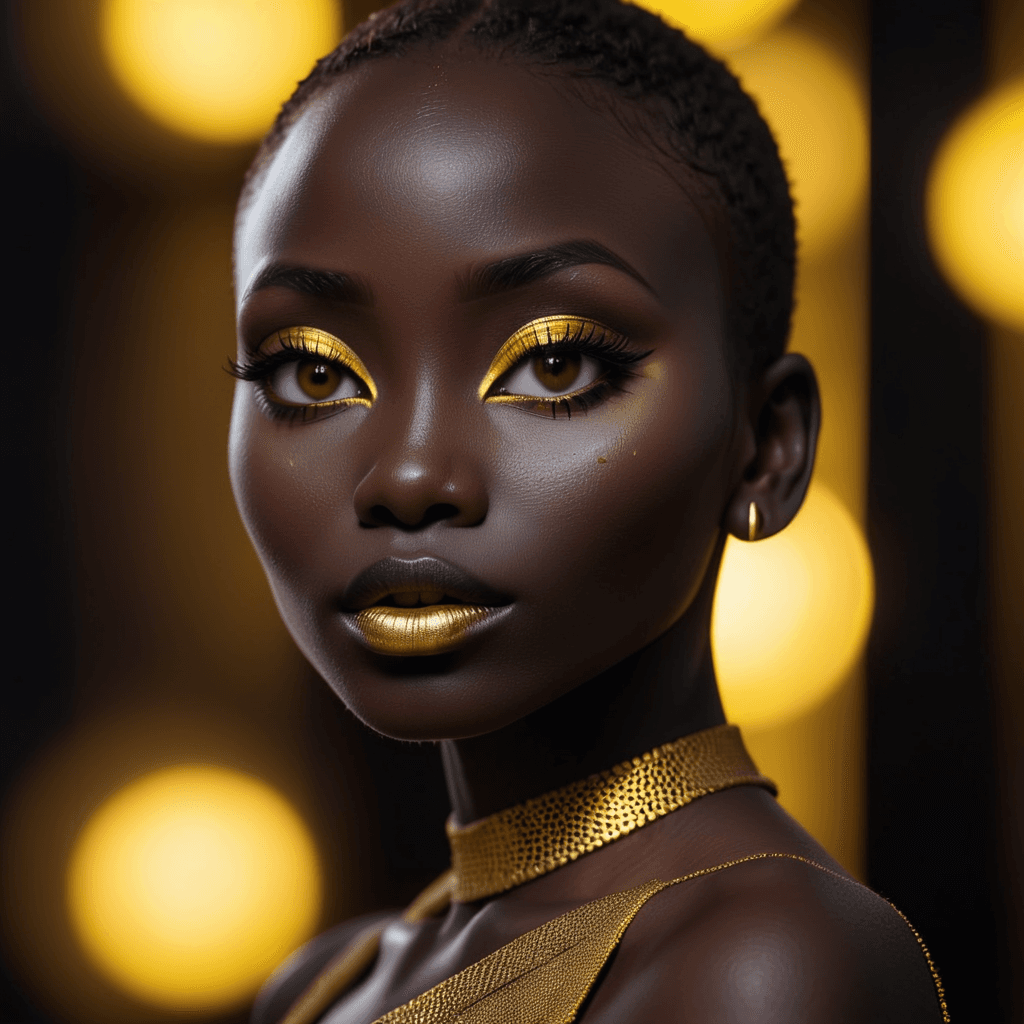 AI generated: An eye contact of a woman, (black skin:1.3), yellow spotlight, dark theme, Lavish, Matte black eyesh...