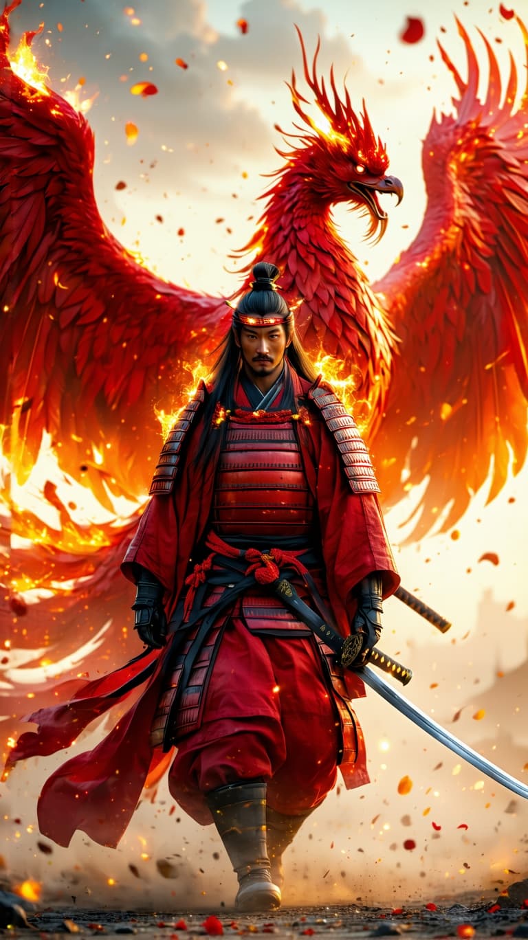 AI generated: An ultra-realistic, zoomed out, front facing, full-body portrait of a regal young Japanese samurai w...