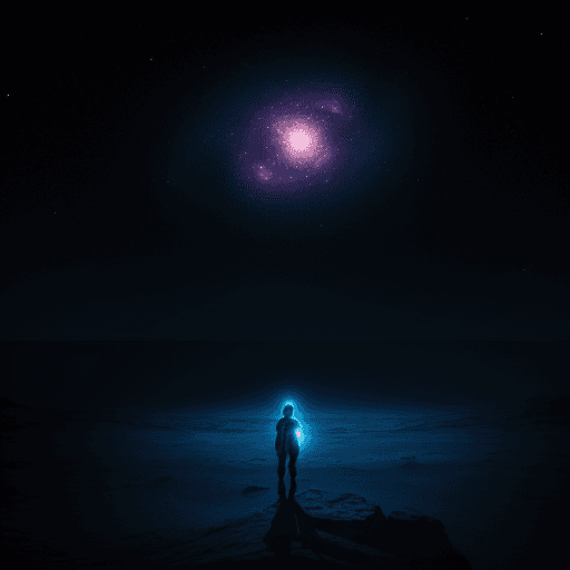 AI generated: A solitary figure stands on a desolate alien planet, dwarfed by a vast, star-filled sky. Countless s...