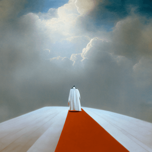 AI generated: A person with a white Cassock and hood walking on a white marble path suspended in the sky, orange l...