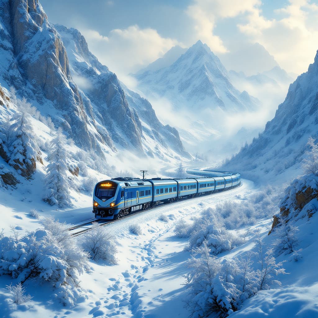 AI generated: Create an image of a train amidst snowy mountains in a surreal and ethereal artwork where vibrant so...