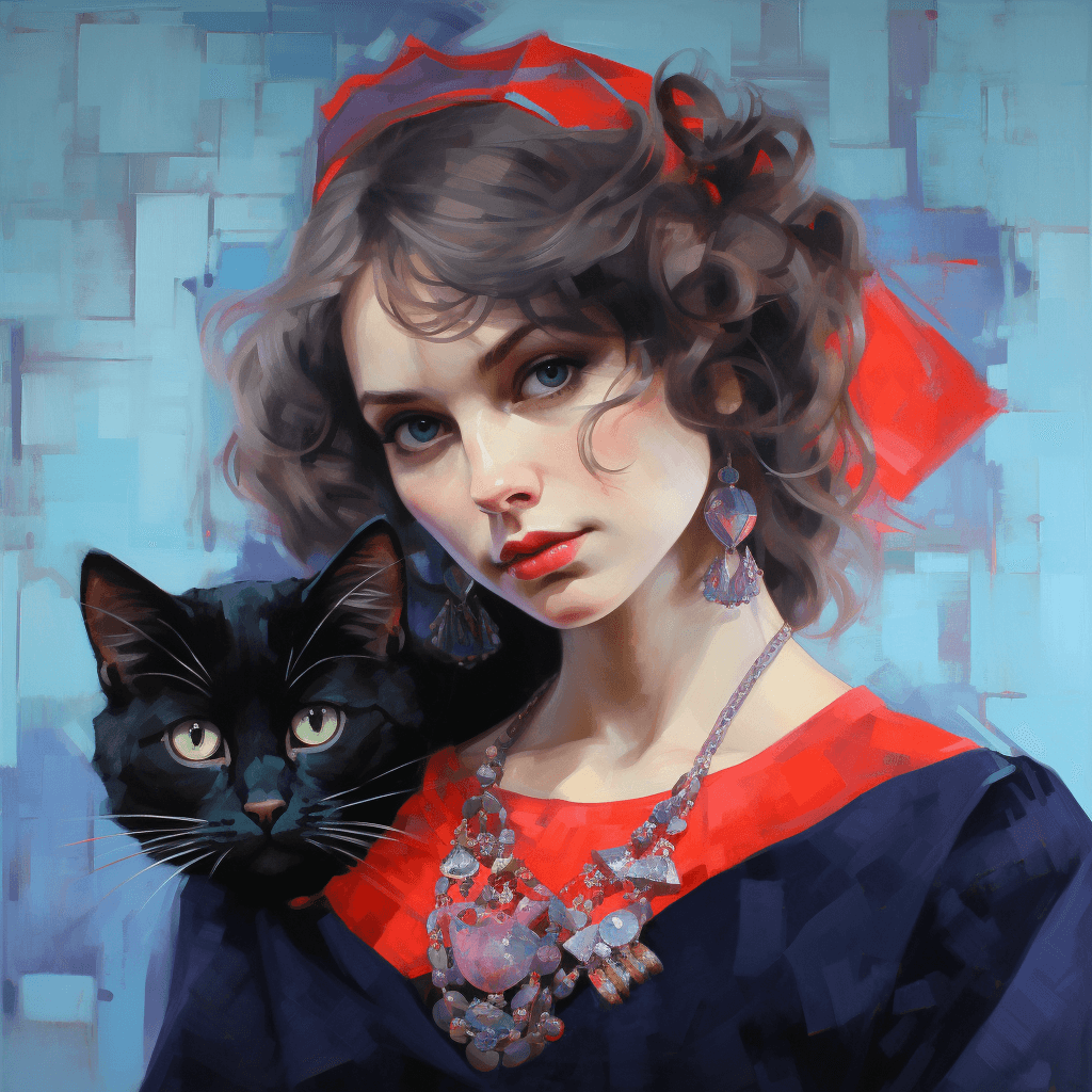 AI generated: A cat, short curly hair, black, white skin, vibrant red earrings and necklace, blue clothing, Dutch ...