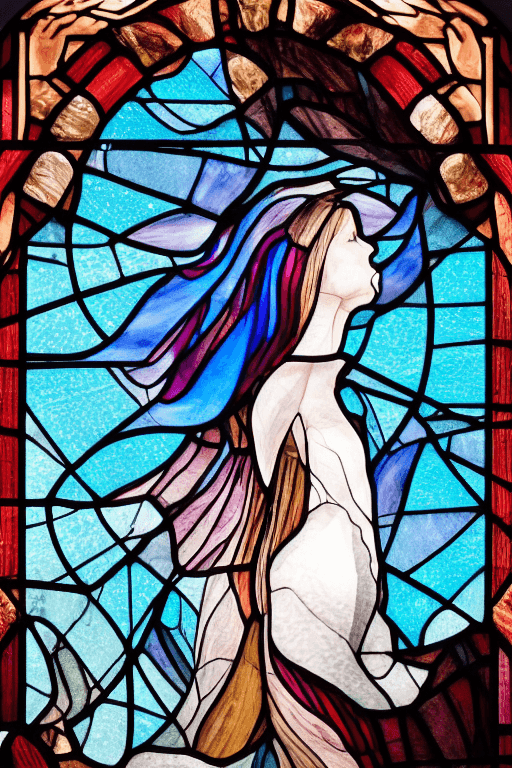 AI generated: (stained glass dress:1.5), (beautiful young brunette woman, with white hair, dynamic pose, nighttime...