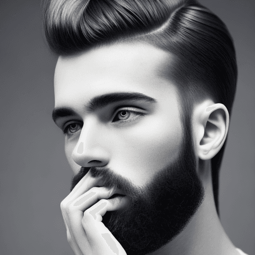 AI generated: , man, model pose, minimalist, stylish nessy long hairstyle, beard, profound gaze, solid white envir...