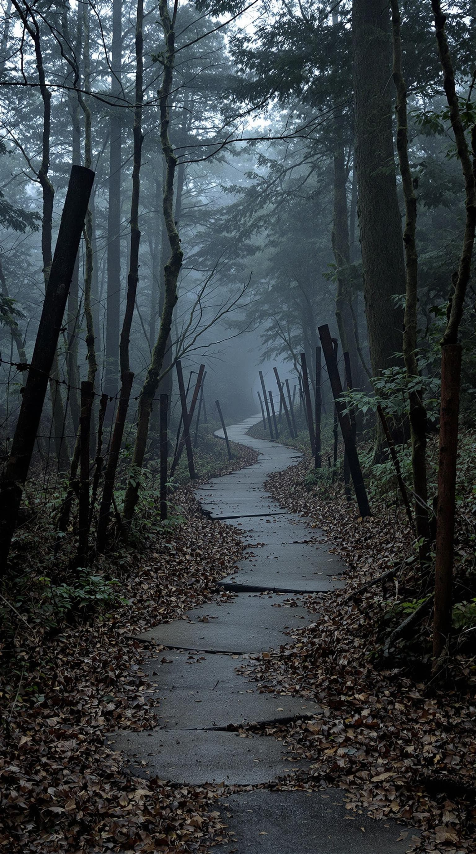 AI generated: A hyper-realistic forest path at dusk, winding through dense, mist-covered trees. The ground is over...