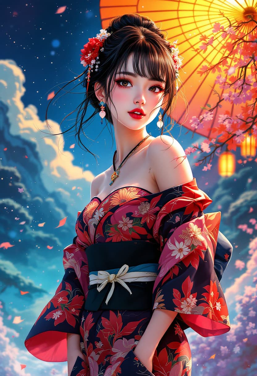 AI generated: A fascinating illustration of a Japanese girl in an off-shoulder kimono, inspired by the style of fa...