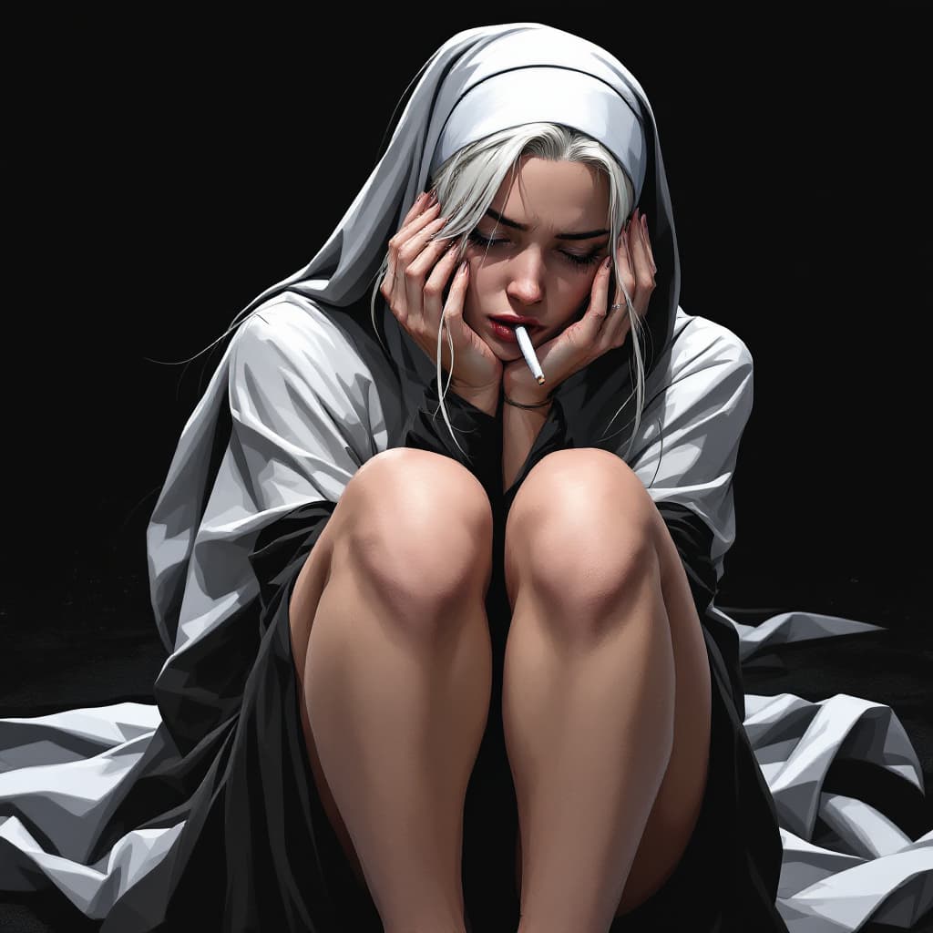 AI generated: Comic book cover illustration, full body shot of a white-haired nun, smoking, knees up, apathetic on...