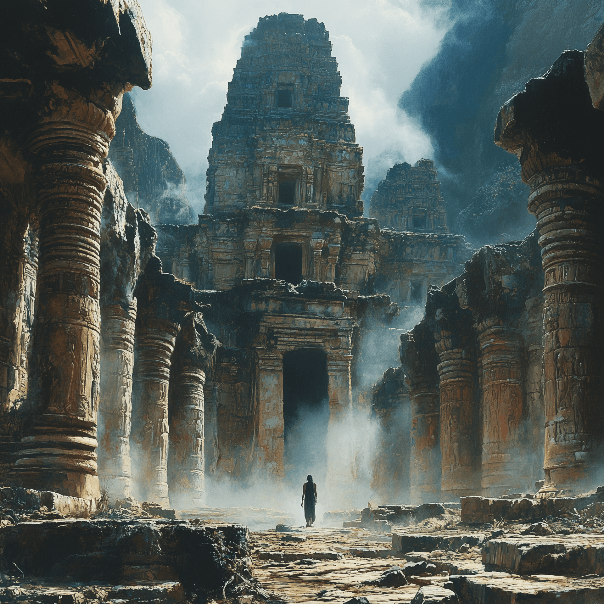AI generated: An ancient temple surrounded by crumbling columns adorned with vibrant murals depicting mythical sce...