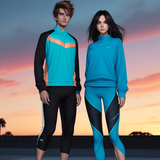 AI generated: A fit and energetic adult couple standing side by side outdoors against the backdrop of a vibrant su...