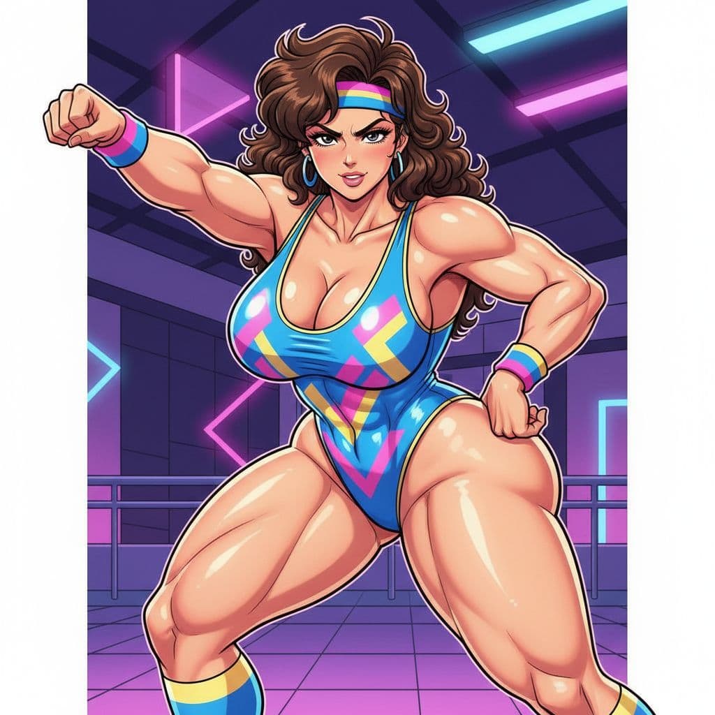 AI generated: a thick thighs big booty big breasts girl wearing a one piece thong 1980's style workout clothing. a...