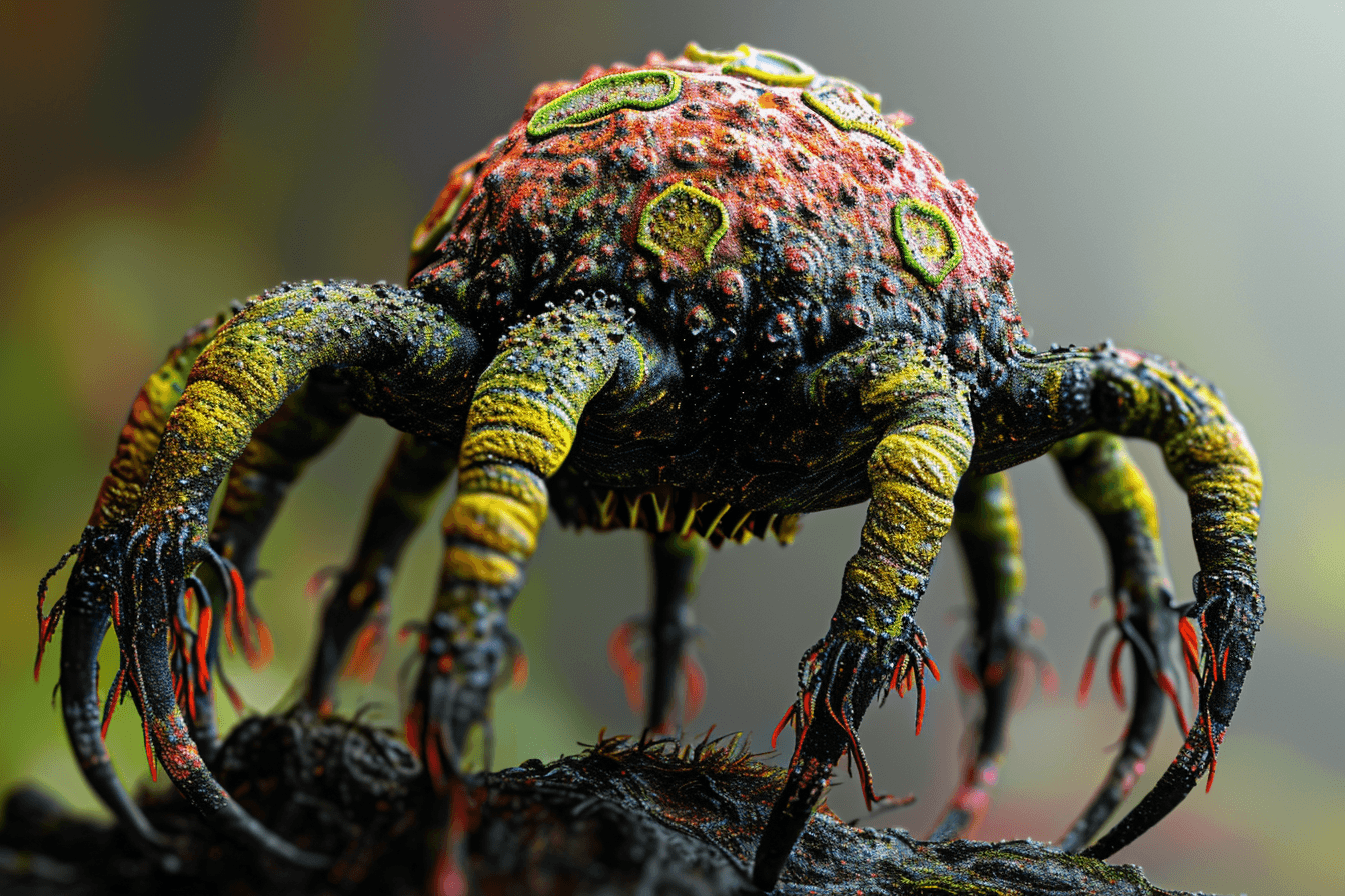 AI generated: Monster fungaii with legs, black, green, red and yellow in colors, very detailed, photo realistic --...