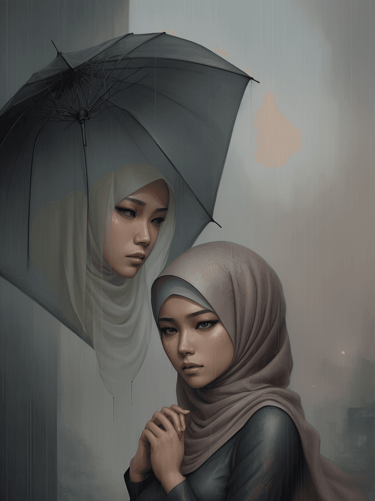 AI generated: a digital wallpaper, a beautiful Malay woman, wearing hijab, muted colors, dramatic composition, nos...