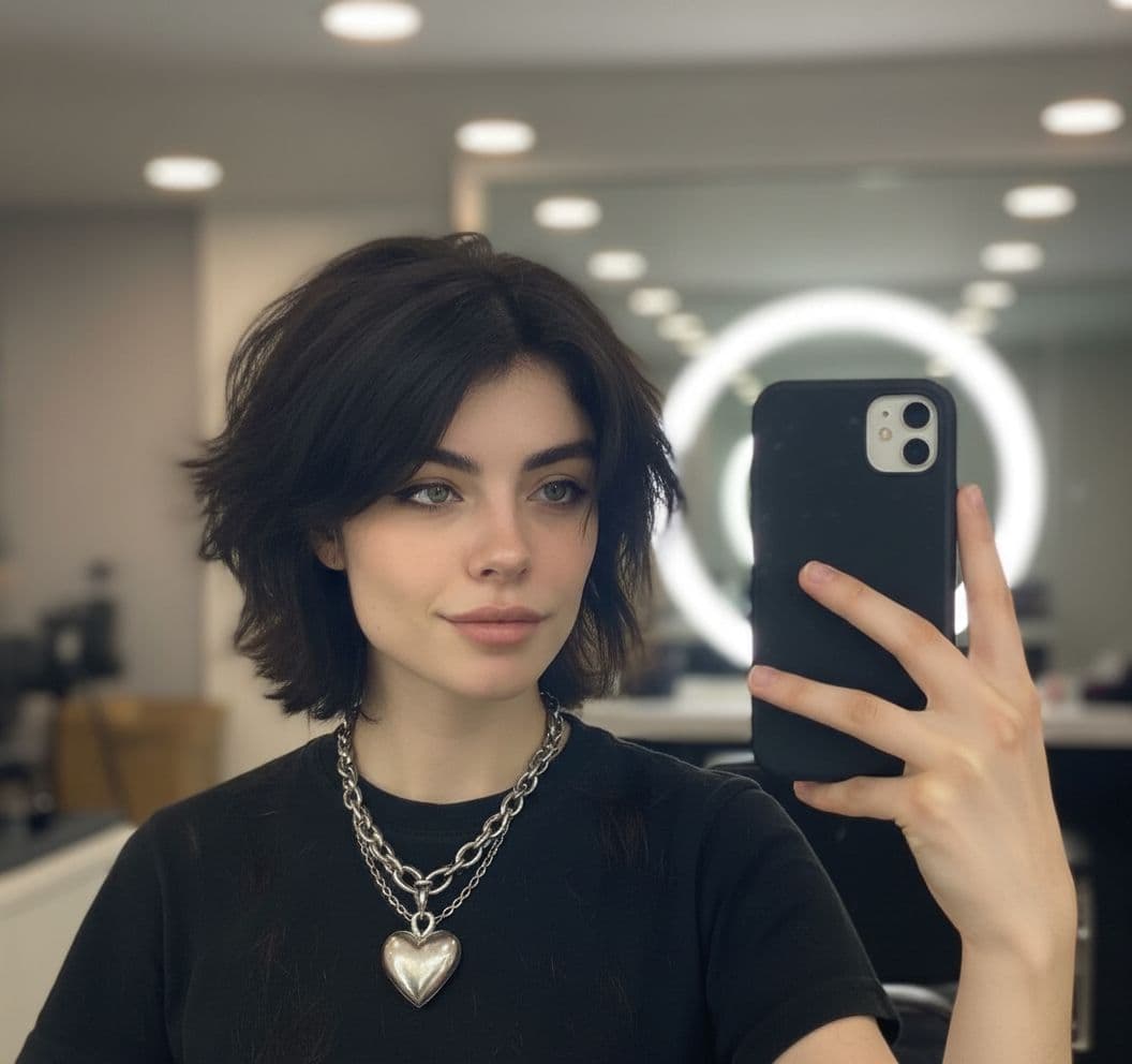 AI generated: a shot of her at the barber cutting her hair, shot taking as a mirror selfie from her iphone and add...