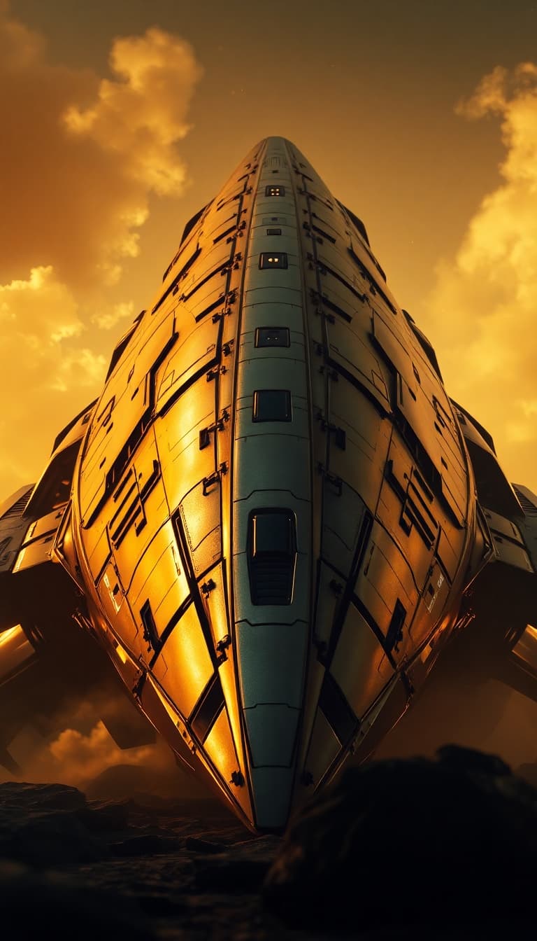 AI generated:  Ground-level shot of a colossal, intricately detailed sci-fi alien spacecraft, its polished metal h...