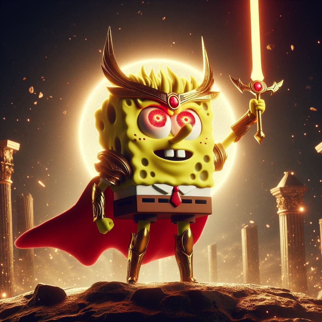 AI generated: Spongebob is the mightiest god with a sword, red eyes, heroic pose action, divine and celestial ligh...