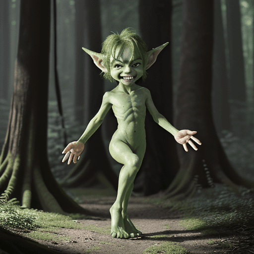 AI generated: a cute little green goblin with very big feet in a forest, cinematic light, 4k, photorealistic, myst...