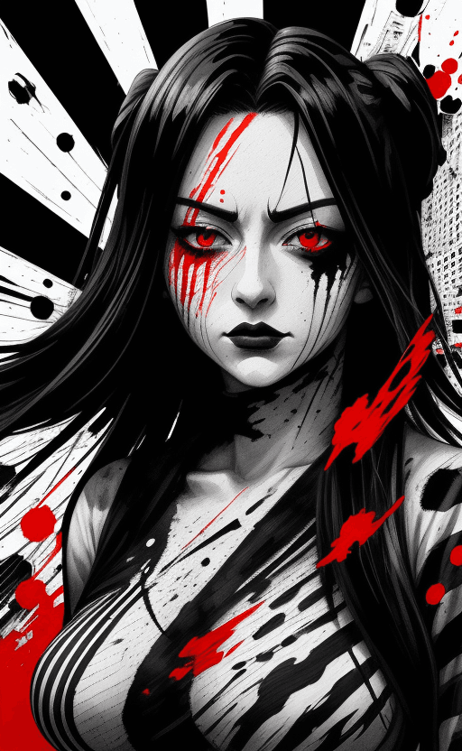 AI generated: a painting of woman with red and black stripes, in the style of manga style, stark black and white, ...