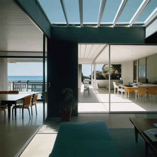 AI generated: Hyper realistic eye level exterior photo of a mid century modern style house overlooking the ocean, ...