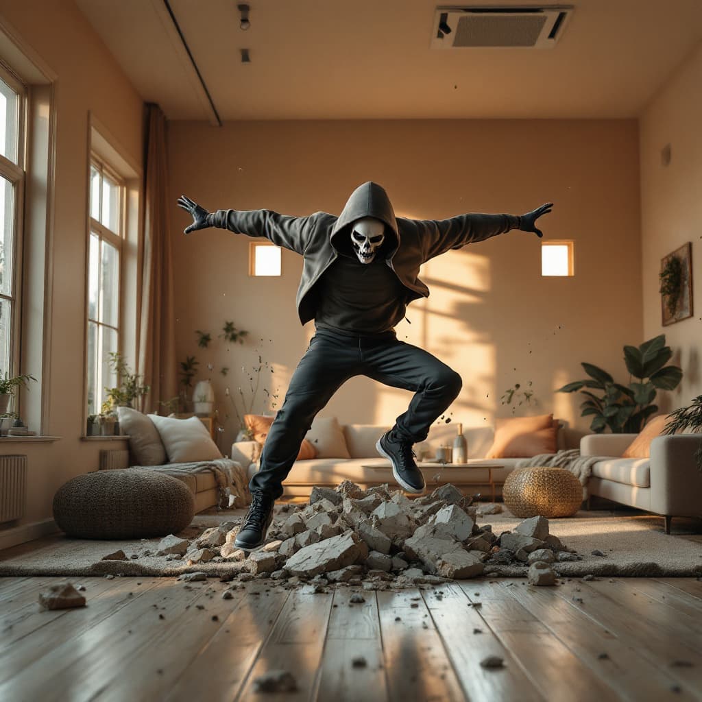 AI generated: urban hip hop man with hoodie and skull face doing the superhero landing and the ground breaking int...