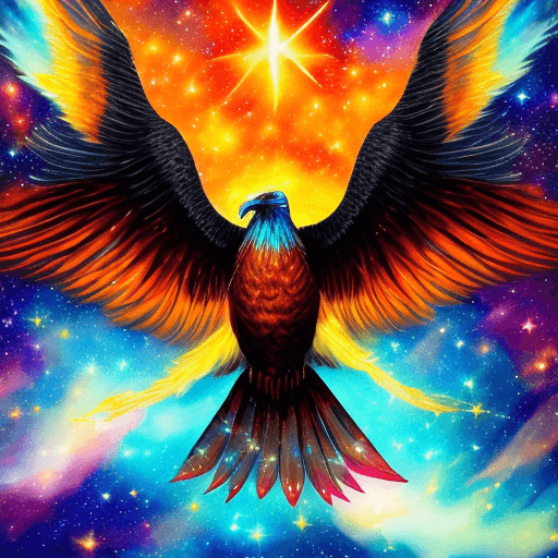 AI generated: A close up majestic fiery Mystical eagle Bird  with Flying through a fiery sky in Outer Space with G...
