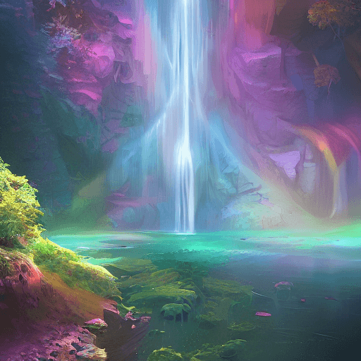 AI generated: Rainbow Waterfalls flowing up to the cliffs above in an enchanted forest on Pluto, Photorealistic, D...