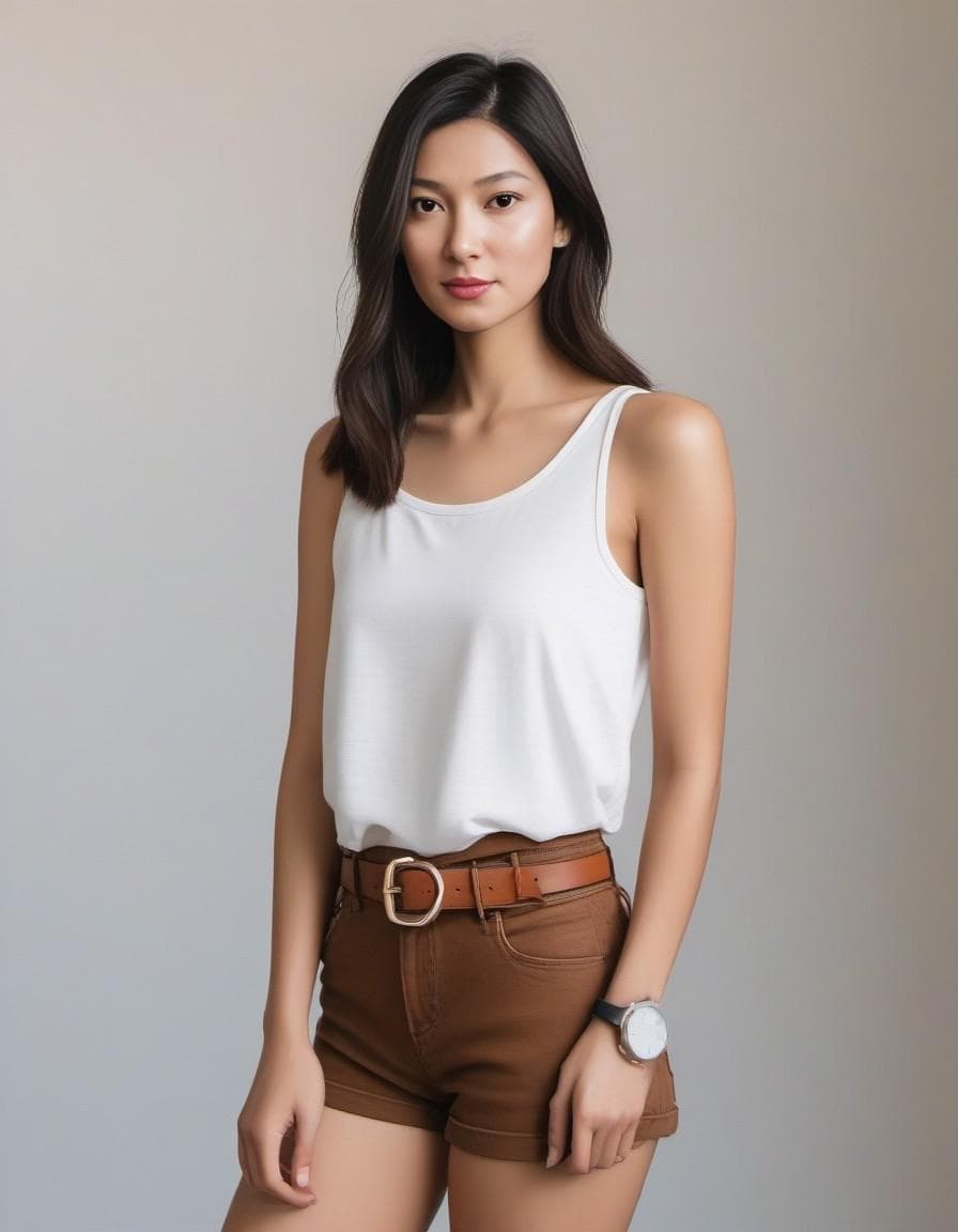 AI generated: An image of a woman standing upright facing the camera with her head turned slightly to her left, lo...