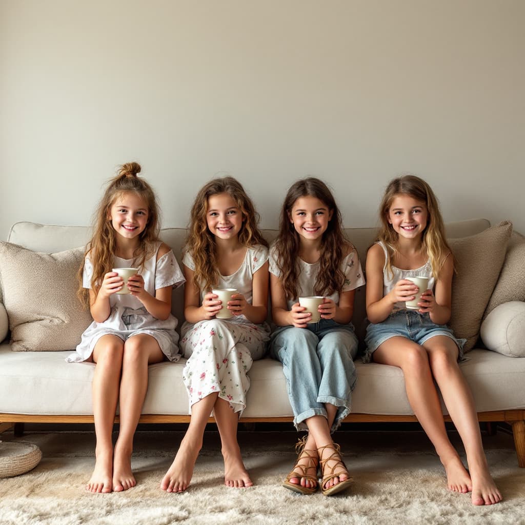 AI generated: 4 girls is sitting on a long sofa wearing summer clothes