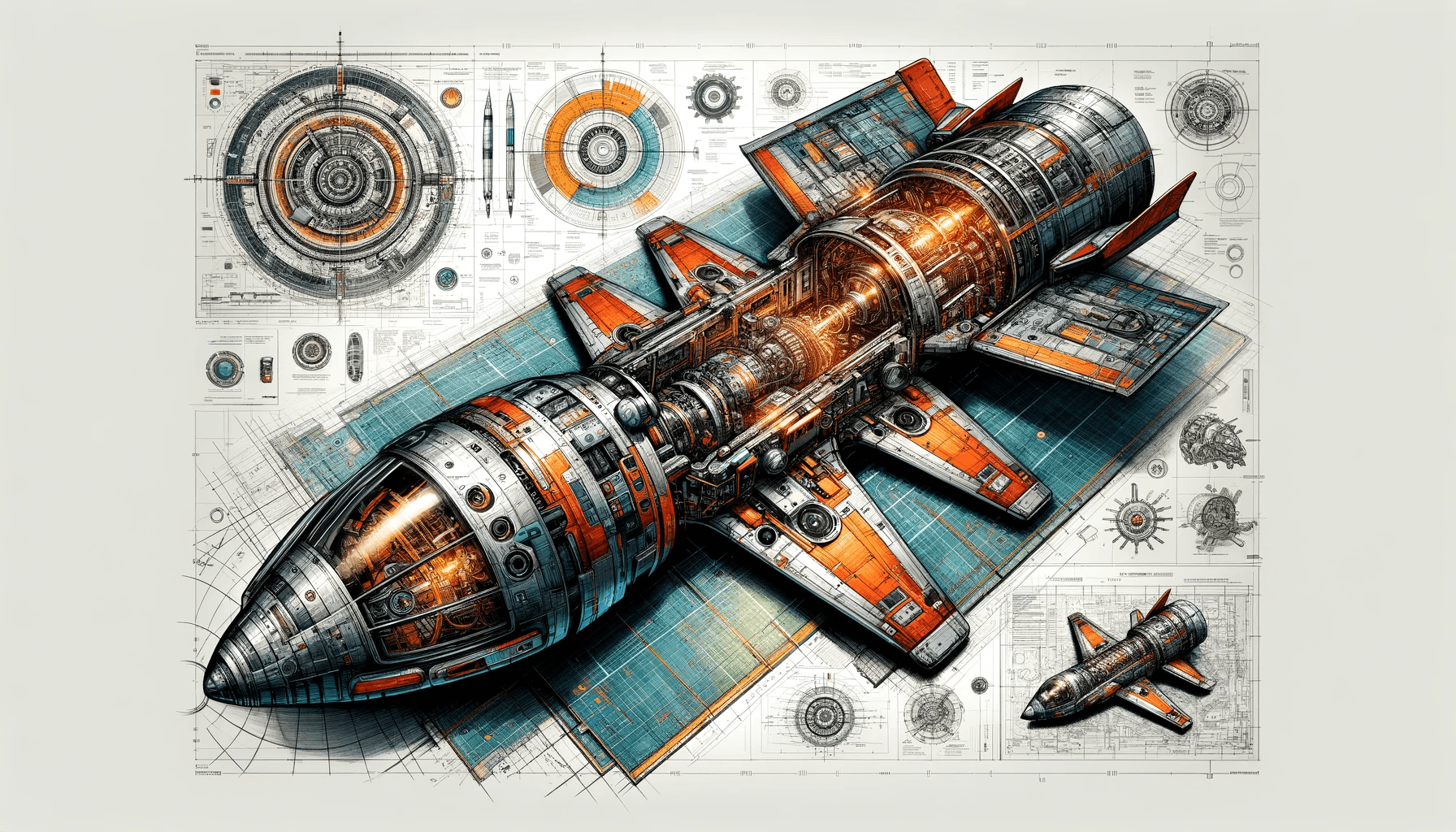 AI generated: Produce a detailed technical illustration of a spacecraft, showcasing a cutaway design that reveals ...