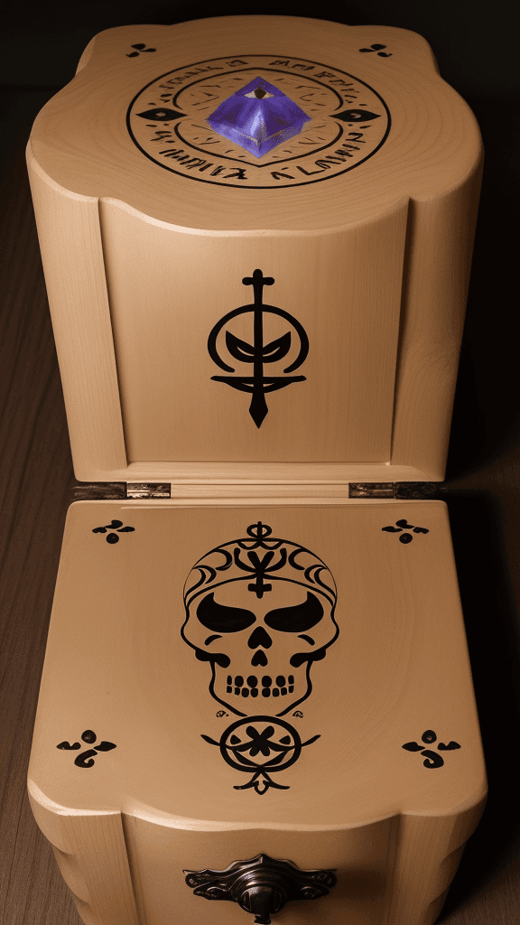 AI generated: una cajon con el modeo de un ataud de muerto que sea de material madera antigua color marron oscuro,...