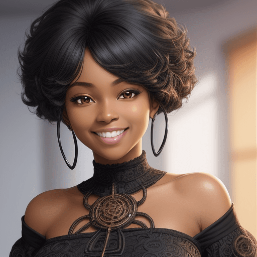 AI generated: the face of a beautiful anime  black woman, intricate details, smiling, cropped top
