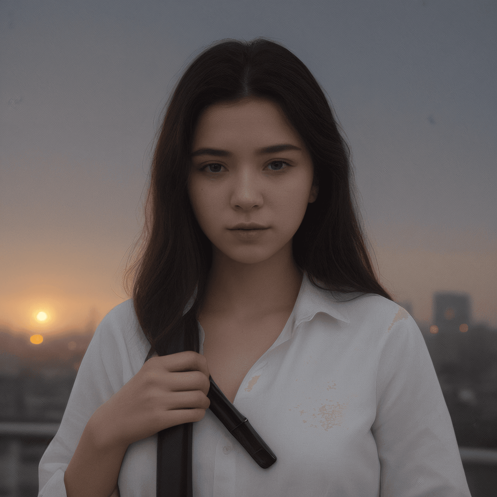 AI generated: a woman holding a gun in her hand and looking at the camera with a city in the background in the fog...