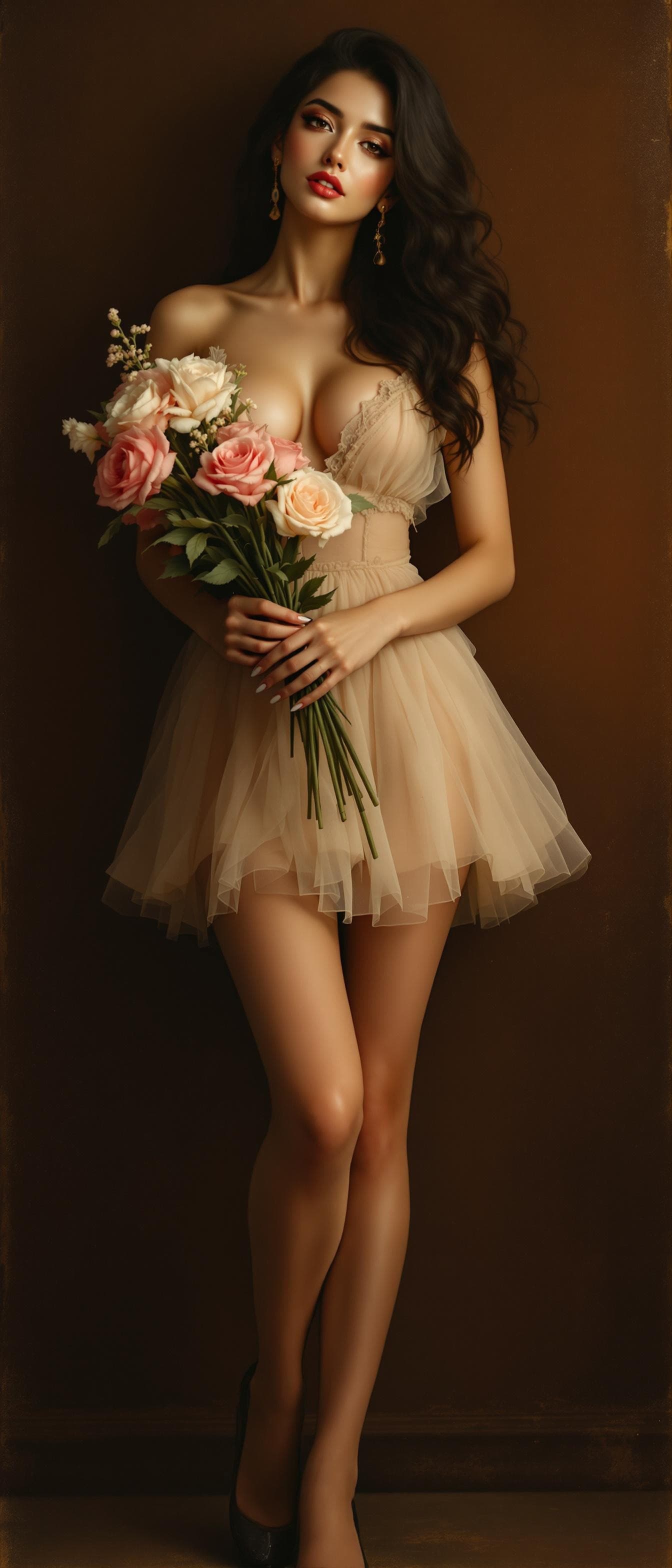 AI generated: Oil Painting Portraits, Full-Length  Against A Dark Brown or Rustic Background