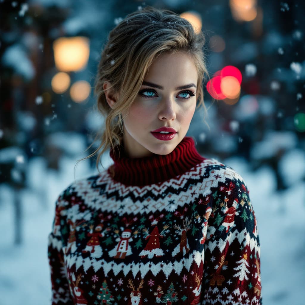 AI generated: Scarlett Johansson in Christmas sweater, on snow background, realistic style photo
