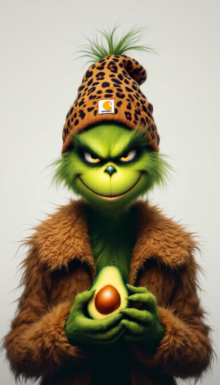AI generated: The Grinch, real-life, is holding an avocado. He wears a brown, leopard-print beanie with a yellow C...