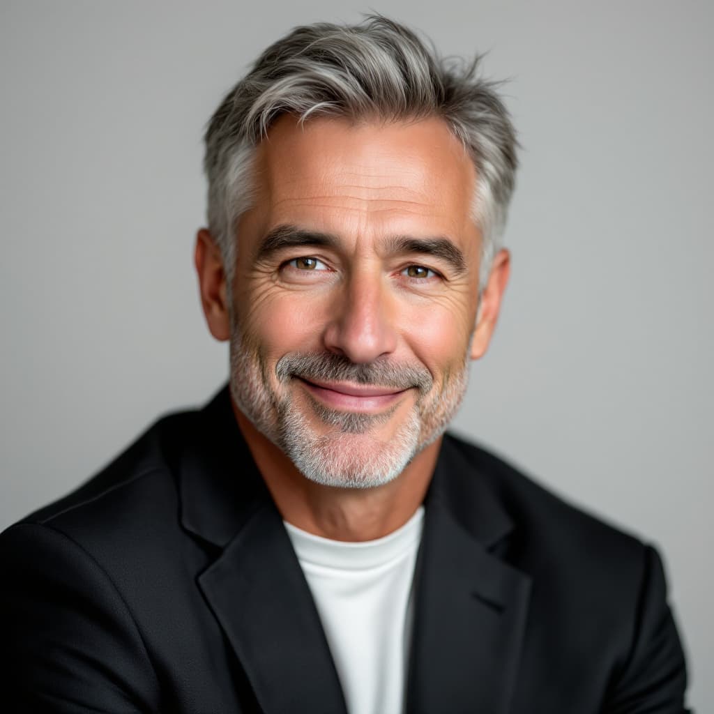 AI generated: Elegant high-res image of a 48-year-old white American man, slight smile, short salt-and-pepper hair...