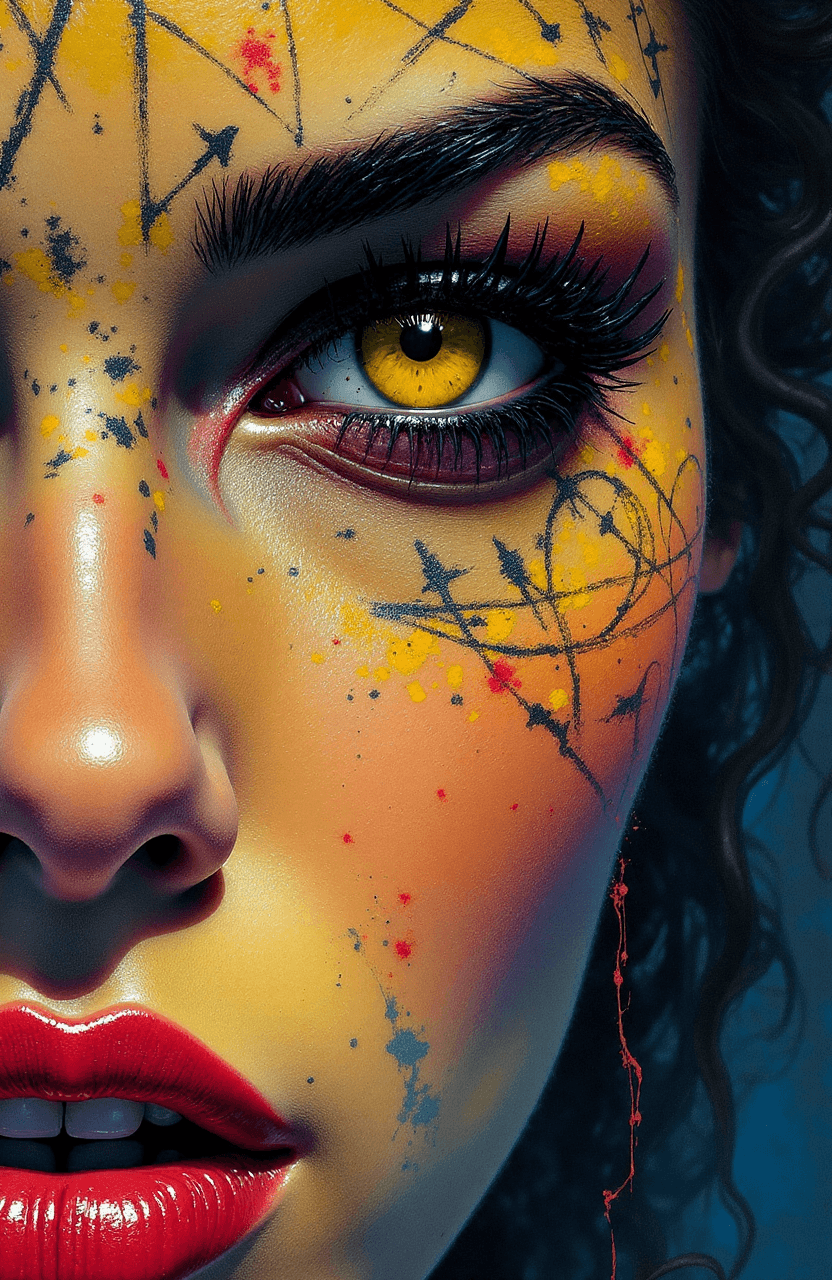 AI generated: Impressionist crayon painting by Russ Mills, a close up portrait of woman's face, tattooed face, occ...
