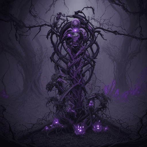 AI generated: death metal band logo, black forest , purple, bodies, creatures, bones, vines, cracks, insane detail...