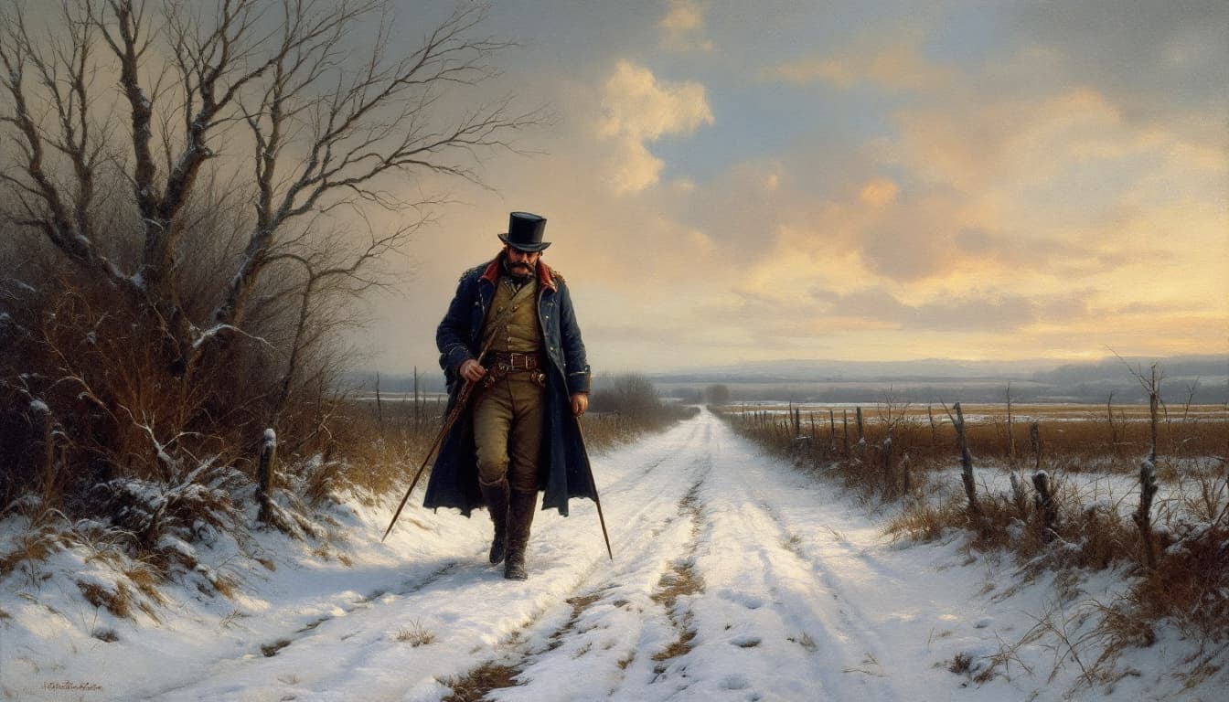AI generated: rural winter scene, snow,  a weary 19th century Napoleonic foot soldier returning home on a narrow p...