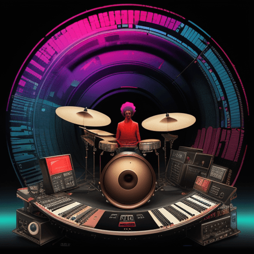 AI generated: a drum kit cover art including imagery of synths, soundboards, drums and pianos in a colorful dystop...