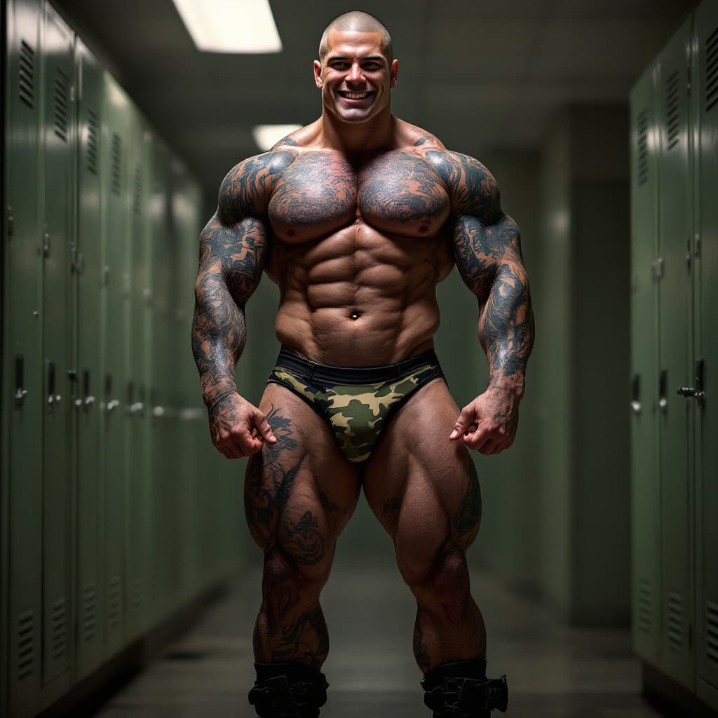 AI generated: Full body image, young tall army muscle, heavily tattooed, slim face, chiseled jawline, shaved head,...