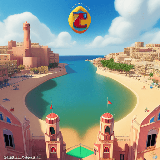 AI generated: Generate a Pixar-style poster 3D of city of Cherchell Algeria. add flag algeria. and add logo disney...