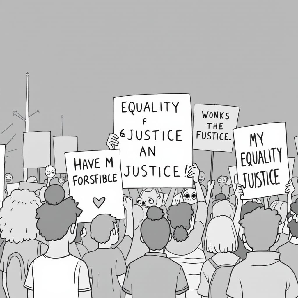 AI generated: list 2 linework illustration of a community rally with people in cartoon style (large different size...