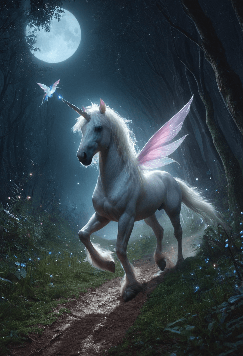 AI generated: realistic,highres,<lora:Fantasy_Monsters_XL:1>,A unicorn gallops through an enchanted forest at full...