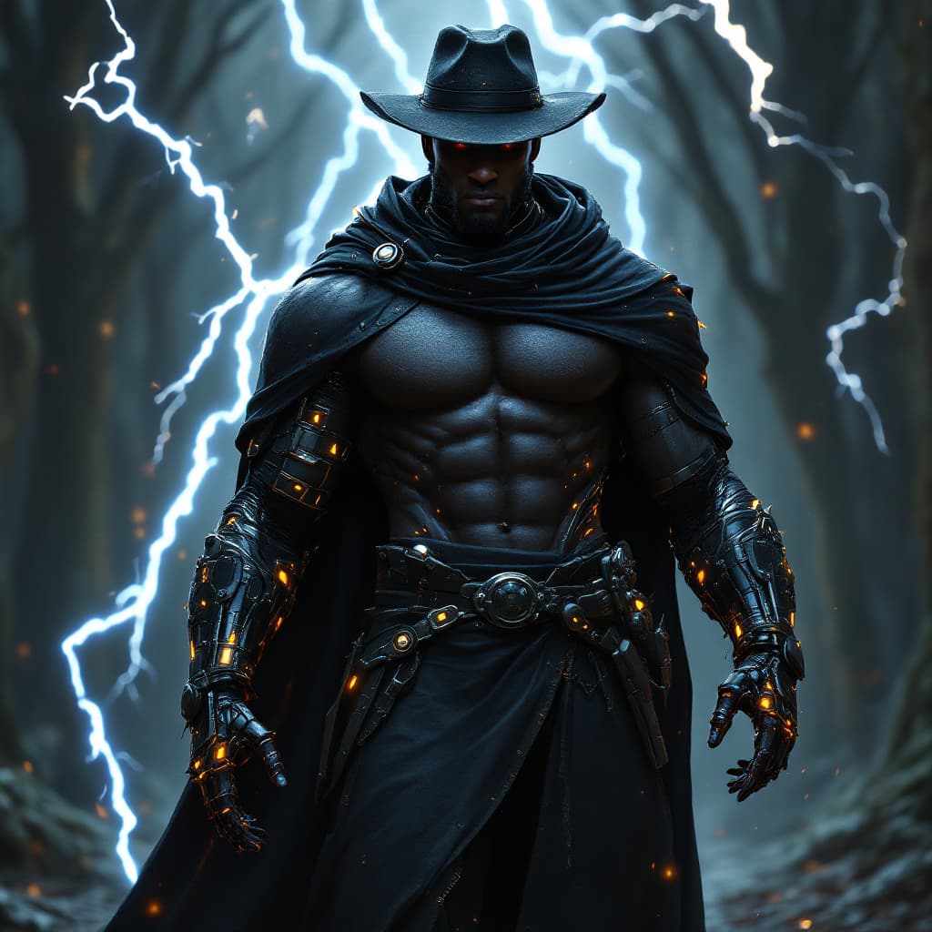 AI generated: photo of a black muscular man with cyberlimbs, armored mantle, hat, cyberpunk park eveneing lightnin...