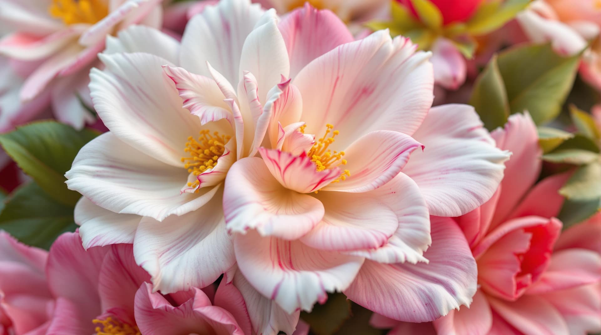 AI generated:  an hybrid 3d fictive flowers,close up,rose x camelia,the flowers are in a gradiation  of white, rub...