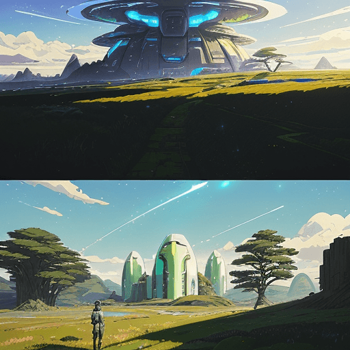 AI generated: futuristic sci fi landscape, rural area of ​​the future, a beautiful scenery, acrylic painting, tren...